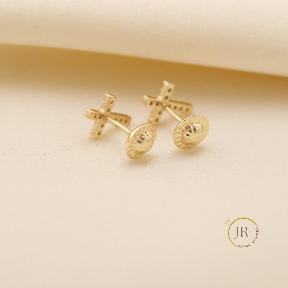 14K Solid Gold CZ Pave Cross Stud Earrings Religious Fine Jewelry - Picture 5 of 7